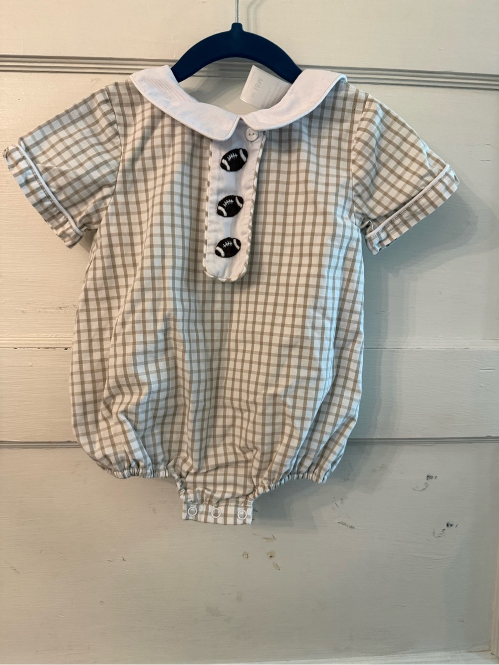 Classic Tan & White Gingham Baby One-Piece Bodysuit with Peter Pan Collar